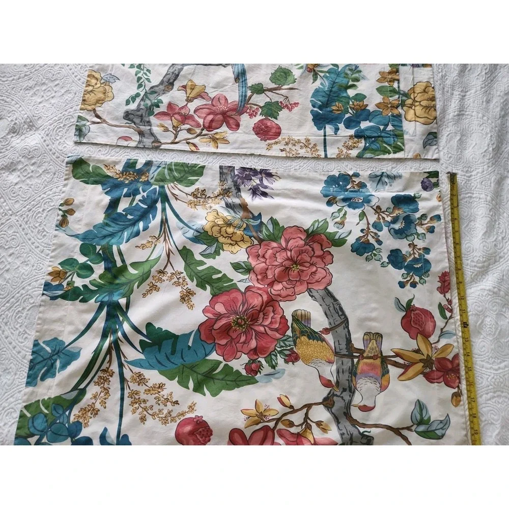 2/RARE Pottery Barn Zinnia Bird STANDARD SHAMS Floral Red Teal Blue Asian EUC